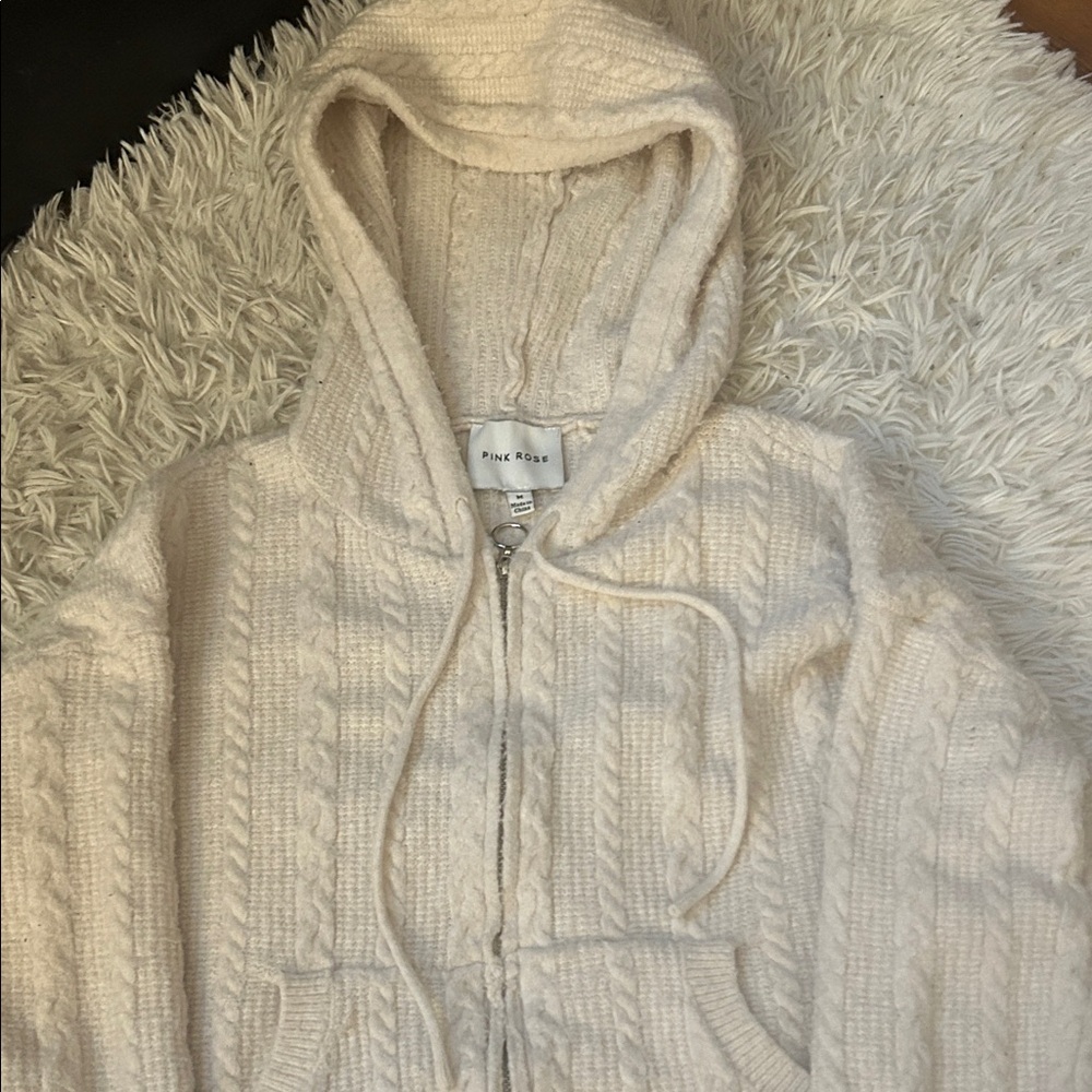 Pink Rose Ivory Cable Knit Zip-Up Hoodie